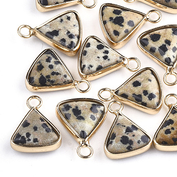 Natural Dalmatian Jasper Pendants, with Brass Findings, Triangle, Golden, 16~16.5x12.5x5mm, Hole: 2mm
