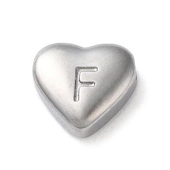 201 Stainless Steel Beads, Stainless Steel Color, Heart, Letter F, 7x8x3.5mm, Hole: 1.5mm