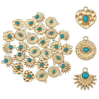 30Pcs 3 Styles Synthetic Turquoise Alloy Pendants, with Crystal Rhinestones, Flat Round & Heart & Sun Charm, Light Gold, 20~21.5x18~20x4~5mm, Hole: 2~2.2mm, 10pcs/style