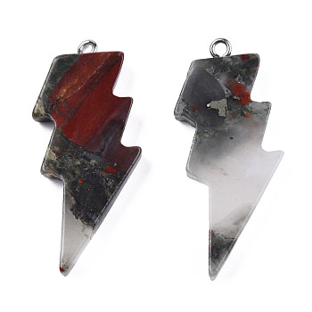 Natural Bloodstone Pendants, Lightning Bolt Charm, with Stainless Steel Color Tone 304 Stainless Steel Loops, 40~44.5x17~20x4.5~6mm, Hole: 2mm