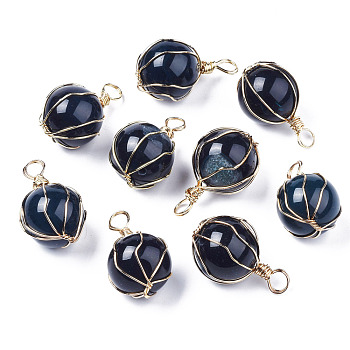 Natural Agate Pendants, Dyed, with Light Gold Plated Iron Wire Wrapped, Round, 33.5~36x21mm, Hole: 5x5.5~7mm, Half Hole: 2mm