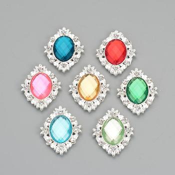 Alloy Rhinestone Flat Back Cabochons, with Acrylic Rhinestone, Oval, Silver Color Plated, Mixed Color, 32x25x4.5mm