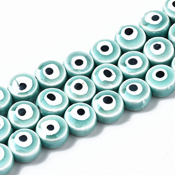 Handmade Porcelain Ceramic Beads Strands, Bright Glazed Porcelain, Flat Round with Evil Eye, Turquoise, 8x5mm, Hole: 1.5mm, about 40pcs/strand, 12.01 inch(30.5cm)
