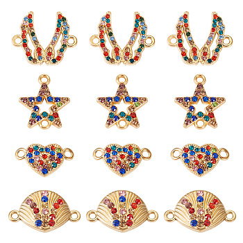 Pandahall 20Pcs 4 Styles Alloy Colorful Rhinestone Connector Charms, Mixed Shapes, Light Gold, 11~20x15.5~23x2~4.5mm, Hole: 1.8~2mm, 5pcs/style
