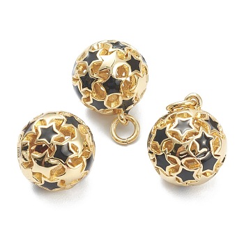 Brass Enamel Charms, with Jump Ring, Real 18K Gold Plated, Long-Lasting Plated, Round with Star, Black, 14.5x12.5mm, Jump Ring: 5x1mm, Hole: 3mm