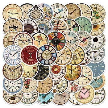 50Pcs Retro Clock PVC Waterproof Cartoon Stickers Set, Adhesive Label Stickers, for Water Bottles, Laptop, Luggage, Cup, Computer, Mobile Phone, Skateboard, Guitar, Mixed Color, 57~72x40~48x0.1mm
