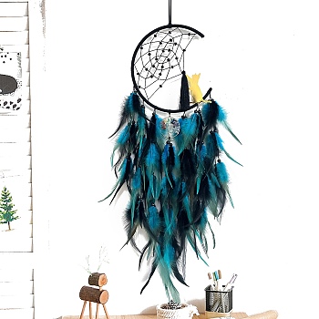 Cat Woven Net/Web with Feather Pendant Decoration, Chakra Tree with Iron Finding, Hanging Decorations, Dark Turquoise, 730mm