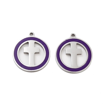 304 Stainless Steel Enamel Pendants, Flat Round with Cross Charm, Stainless Steel Color, 18x15.5x1mm, Hole: 1.4mm