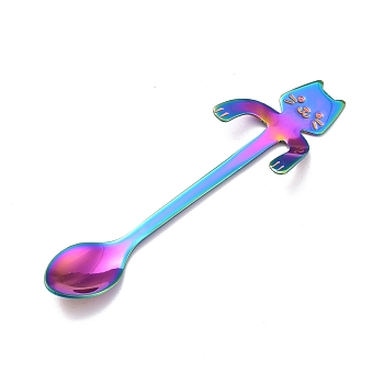 304 Stainless Steel Hanging Spoon, Cat Shape, Rainbow Color, 116x32x8.5mm