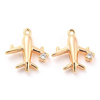 Brass Micro Pave Cubic Zirconia Charms, Plane, Real 18K Gold Plated, 11x10x2.5mm, Hole: 0.8mm