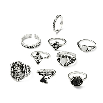 Zinc Alloy Finger Rings Sets, for Women, Rhombus & Triangle & Arrow & Flat Round & Feather, Antique Silver, 1.5~20mm, Inner Diameter: 14.7~18.1mm, 10pcs/set