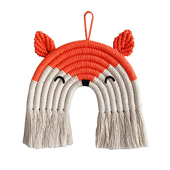Handmade Woven Macrame Cotton Rainbow Fox Wall Hanging Decoration, for Nordic Style Children's Room Wall Decor, Orange Red, 270x220mm