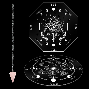 CRASPIRE DIY Pendulum Board Dowsing Divination Making Kit, Including Natural Rose Quartz Cone Pendants, 304 Stainless Steel Cable Chain Necklaces, Acrylic Pendulum Board, Planet Pattern, 4Pcs/set