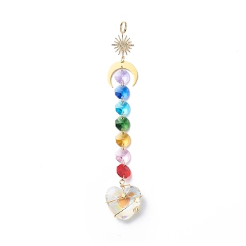 Electroplate Octagon Glass Beaded Pendant Decorations, Suncatchers, Rainbow Maker, with 304 Stainless Steel Split Rings, Clear Faceted Glass Pendants, Heart Pattern, 198mm