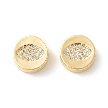 Rack Plating Eco-Friendly Brass Beads, Micro Pave Clear Cubic Zirconia, Long-Lasting Plated, Cadmium Free & Lead Free, Flat Round with Eye, Real 18K Gold Plated, 11x6.1mm, Hole: 2.1mm