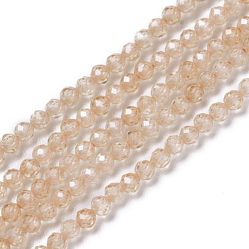 Cubic Zirconia Beads Strands, Faceted, Round, Bisque, 3x2.5~3mm, Hole: 0.3mm, about 114~141pcs/strand, 15.1~16.4 inch(38.4~41.8cm)