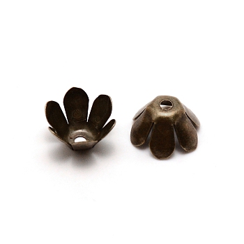 6-Petal Iron Bead Caps, Flower, Antique Bronze, 10x6.2mm, Hole: 1.6mm, inner diameter: 10mm, about 50pcs/bag