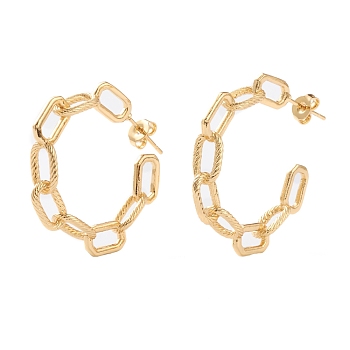 Semicircular Brass Half Hoop Earrings, Stud Earrings, with Ear Nuts, Long-Lasting Plated, Textured, Cable Chain Shape, Real 18K Gold Plated, 6x31.5mm, Pin: 0.8mm