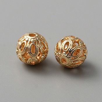 Brass Beads, Hollow, Round, Golden, 7.5x7.5mm, Hole: 1.2mm