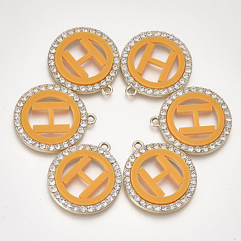 Acrylic Pendants, with Crystal Rhinestone and Alloy Findings, Flat Round with Letter, Light Gold, Dark Orange, Letter.H, 28x25x3mm, Hole: 2mm