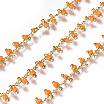 Handmade Seed Beaded Chains, Soldered, with Spool, with Real 18K Gold Plated Brass Findings, Dark Orange, 1.8~2.5mm, about 32.8 Feet(10m)/roll