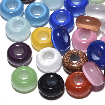 Gemstone & Cat Eye European Beads, Large Hole Beads, Rondelle, Mixed Color, 14x7mm, Hole: 5~6mm