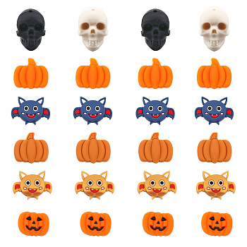 CHGCRAFT 8 Style Halloween Theme Food Grade Eco-Friendly Silicone Beads, Chewing Beads For Teethers, DIY Nursing Necklaces Making, Mixed Shapes, Mixed Color, 19.5~25.5x16~34x7.5~20mm, 24pcs/box