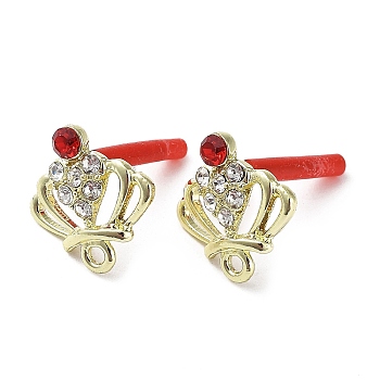 Rack Plating Golden Alloy Stud Earrings Finding, with Rhinestone & Horizontal Loops and 304 Stainless Steel Pin, Crown, Cadmium Free & Nickel Free & Lead Free, Siam, 15.5x15.5mm, Hole: 1.5mm, Pin: 0.6mm