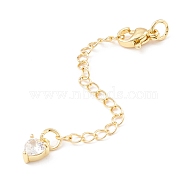 Brass Micro Pave Cubic Zirconia Chain Extender, with Stainless Steel Lobster Claw Clasps and Heart Charm, Long-Lasting Plated, Golden, 76x3mm, Hole: 3mm(KK-C238-07G)