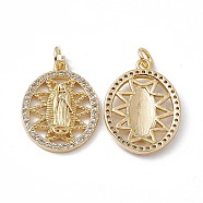 Brass Clear Cubic Zirconia Pendants, with Jump Ring, Oval with Virgin Mary Charms, Real 18K Gold Plated, 22x16.5x3mm, Hole: 3mm(KK-E068-VA047-2)