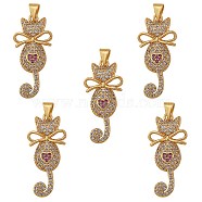 5Pcs Brass Micro Pave Clear Cubic Zirconia Pendant, Long-Lasting Plated, Cat, Real 18K Gold Plated, 13x29.5x3.5mm, Hole: 3x4mm(ZIRC-SZ0002-69)