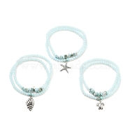 Stretch Bracelets Sets, Stackable Bracelets, with Mixed Shapes Alloy Pendants, Rondelle Glass Beads, Natural Larimar & Turquoise(Dyed) Beads, Antique Silver, Light Cyan, Inner Diameter: 2-1/8 inch(5.5cm), 2pcs/set(BJEW-JB05586)