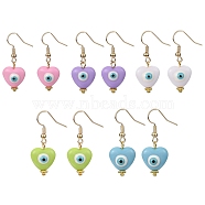 Resin Heart with Evil Eye Dangle Earrings, Golden Brass Jewelry for Women, Mixed Color, 37.5x13.5mm(EJEW-JE05278)
