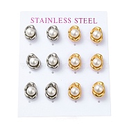 PVD Vacuum Plating 304 Stainless Steel Stud Earring, with Plastic Imitation Pearl, Oval, Golden & Stainless Steel Color, 11.8x9.8mm, 12pcs/set(EJEW-C099-01GP)