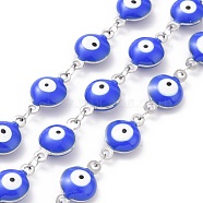 304 Stainless Steel Link Chains, with Enamel, Soldered, Flat Round with Evil Eye, Stainless Steel Color, Prussian Blue, 14.5x8x3~4mm(CHS-I004-09P)