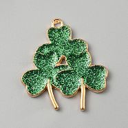 Saint Patrick's Day Glitter Alloy Enamel Pendants, Light Gold, Clover, 29.5x26.5x2mm, Hole: 2mm(ENAM-CJC0003-58G-KCG)