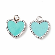 304 Stainless Steel Enamel Charms, Heart, Cyan, 12x10.5x2mm, Hole: 2mm(STAS-H446-150D)