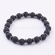 Natural Lava Rock Stretch Bracelets, with Non-Magnetic Synthetic Hematite Spacer Beads, 2-1/8 inch~2-3/8 inch(55~60mm)(BJEW-JB03145-01)