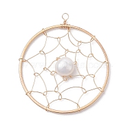 Natural Cultured Freshwater Pearl Pendants, Flat Round Brass Web/Net Charms, Golden, 40x35.5x6mm, Hole: 2mm(PALLOY-JF02653-03)