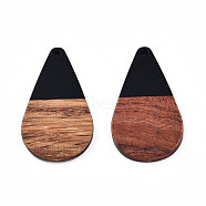 Opaque Resin & Walnut Wood Pendants, Teardrop Shape Charm, Black, 38x22x3mm, Hole: 2mm(RESI-N025-030-B01)