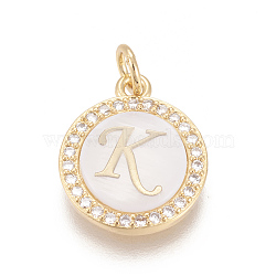 Brass Micro Pave Cubic Zirconia Pendants, with Shell, Long-Lasting Plated, Lead Free & Cadmium Free & Nickel Free, Real 18K Gold Plated, Flat Round with Letter, Clear, Letter.K, 16x13.5x3mm, Hole: 3mm(X-ZIRC-L078-043K-NR)