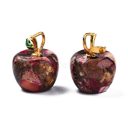 Synthetic Gold Line Imperial Jasper Pendants, with Light Gold Plated Alloy Enamel Loops, Dyed & Heated, Apple, Camellia, 18.5x13.5mm, Hole: 2x4mm(G-N330-67C)
