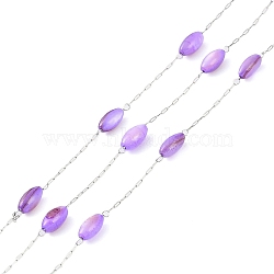 304 Stainless Steel & Dyed Shell Handmade Oval Beads Chain, Soldered, with Spool, Stainless Steel Color, Medium Purple, 8x4mm(CHS-H028-05P-02)