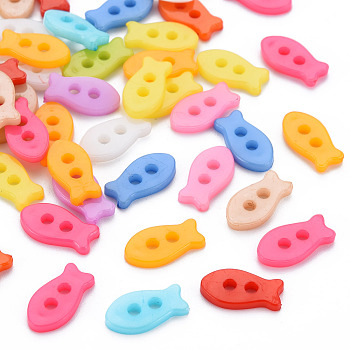 2-Hole Plastic Buttons, Fish, Mixed Color, 14x7x2mm, Hole: 2mm