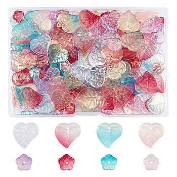 ARRICRAFT Transparent Glass Beads, with Glitter Gold Powder, Flowers and Leaf, Mixed Color, 200pcs/Box