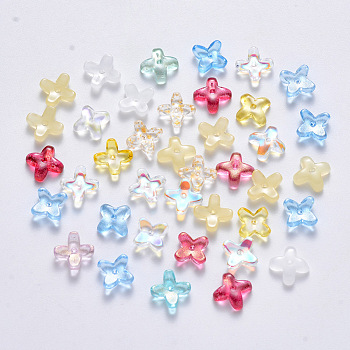 Transparent Spray Painted Glass Beads, Clover, Mixed Style, Mixed Color, 8x8x3mm, Hole: 0.9mm