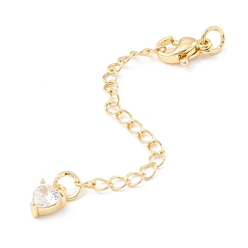 Brass Micro Pave Cubic Zirconia Chain Extender, with Stainless Steel Lobster Claw Clasps and Heart Charm, Long-Lasting Plated, Golden, 76x3mm, Hole: 3mm