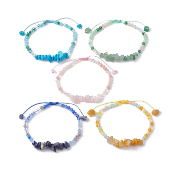 Natural & Synthetic Gemstone Chip Bead Braided Bracelets for Women, with Glass Bicone Beads, Mixed Color, Inner Diameter: 2-1/8~3-1/4 inch(5.4~8.1cm)
