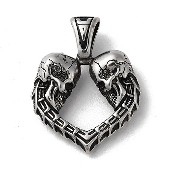 304 Stainless Steel Pendants, Skull Charms, Antique Silver, 45x34.5x11mm, Hole: 10x5mm