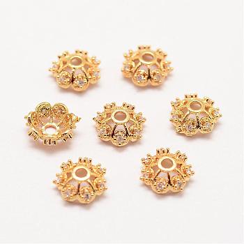 Long-Lasting Plated Brass Micro Pave Grade AAA Cubic Zirconia Fancy Bead Caps, Flower, Multi-Petal, Cadmium Free & Nickel Free & Lead Free, Real 18K Gold Plated, 8x3mm, Hole: 2mm
